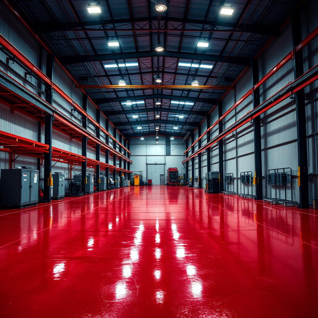 Commercial warehouse with high-gloss red epoxy floor in Dallas