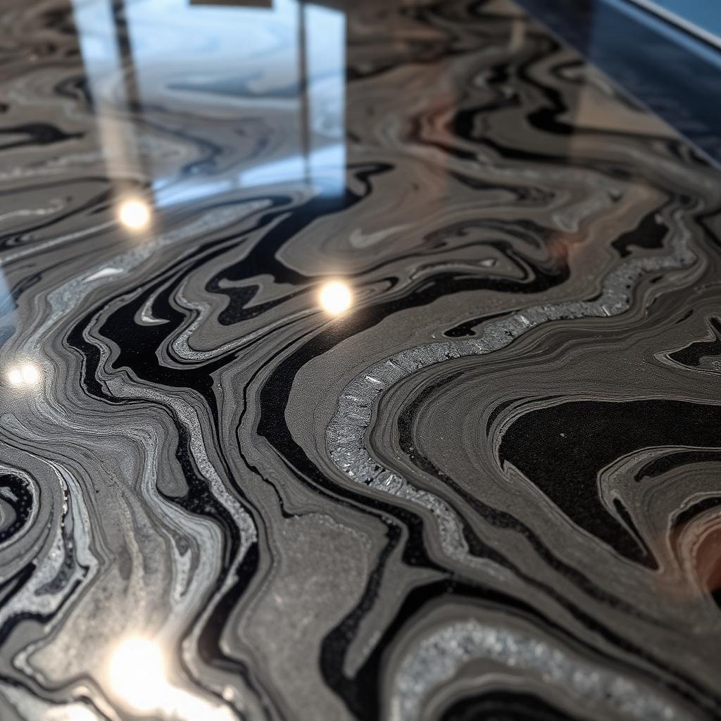 Custom metallic epoxy floor with silver and pewter swirls in Fort Worth