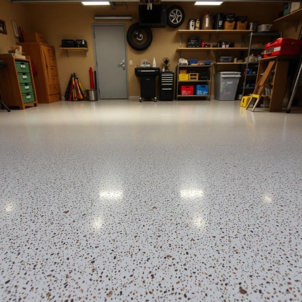 Beige quartz epoxy garage floor with full flake broadcast in Arlington