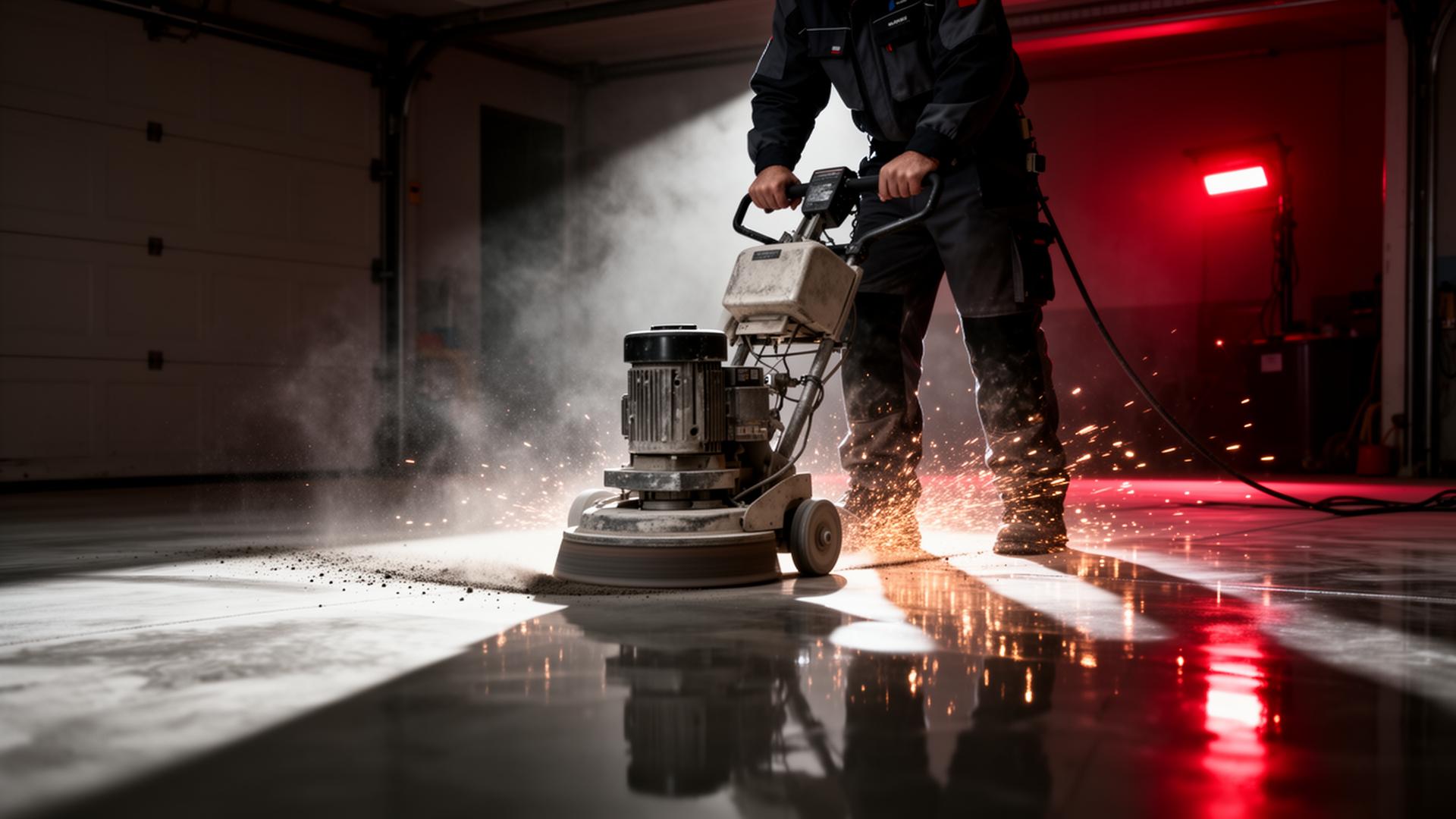 Professional installer diamond grinding a concrete garage floor